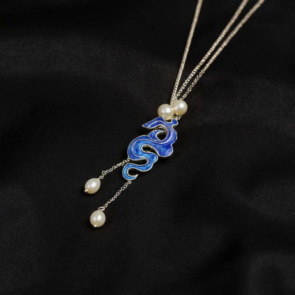 Handmade Silver Cloisonné Enamel Cloud - Patterned Pearl Necklace