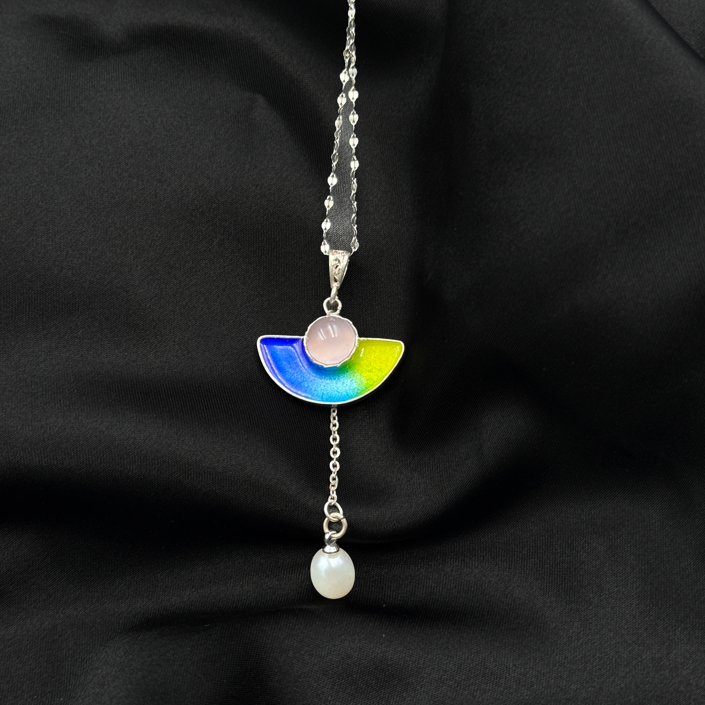 Handmade Silver Cloisonné Enamel Agate Pearl Necklace