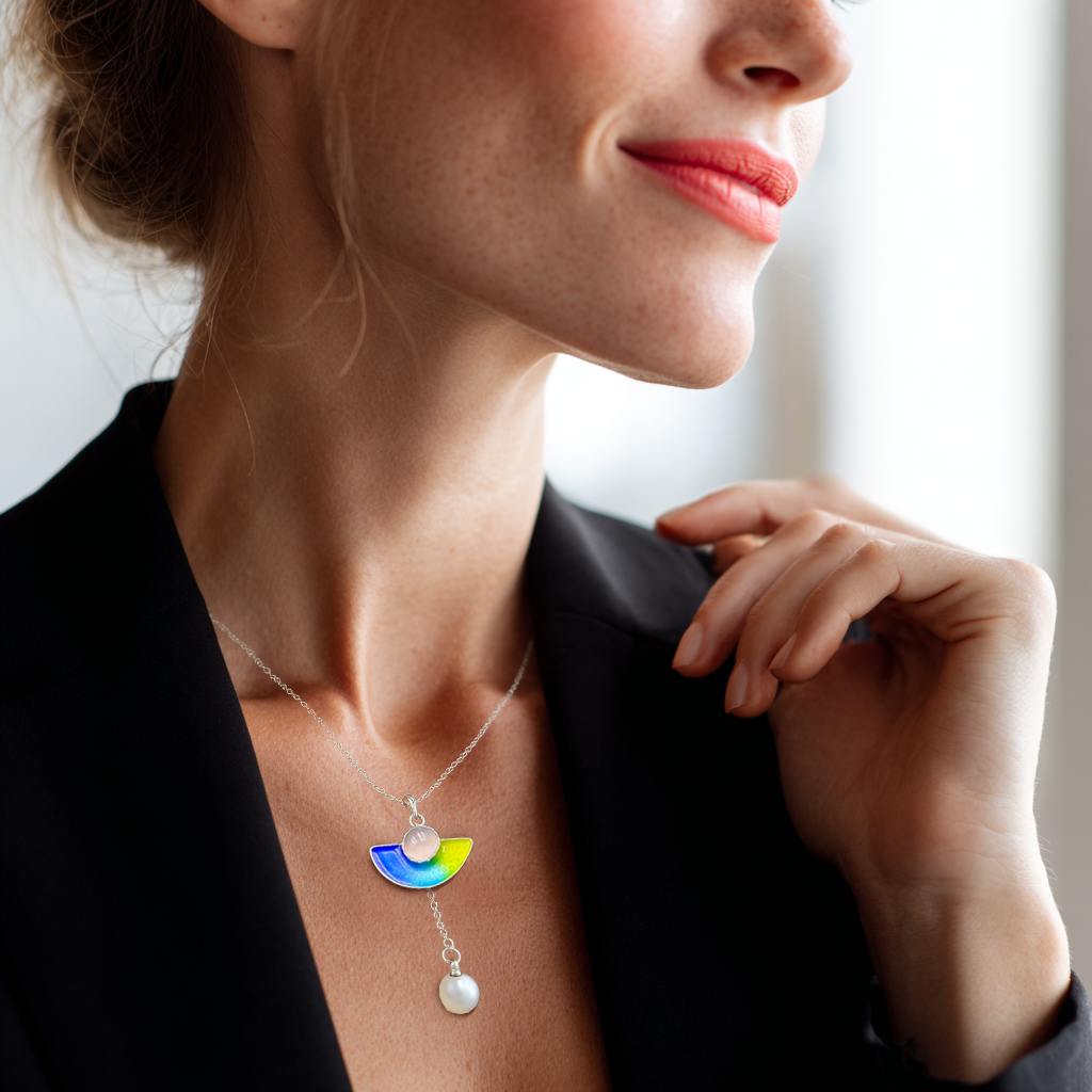 Handmade Silver Cloisonné Enamel Agate Pearl Necklace