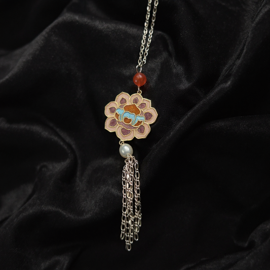 Silver and cloisonné enamel lotus necklace - One of a kind.