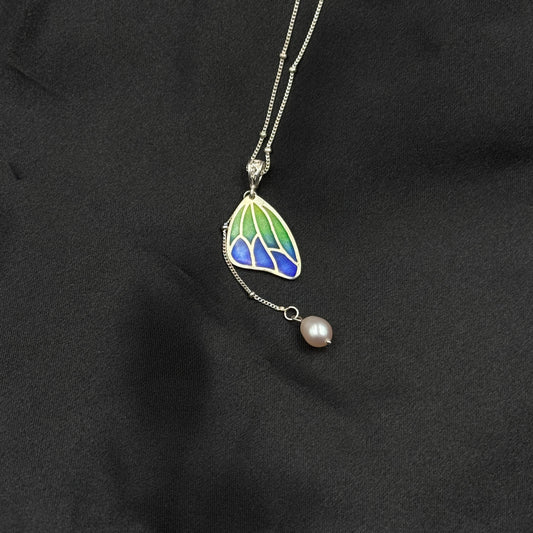 Handmade Silver Cloisonné Enamel Fairy - Wing Necklace
