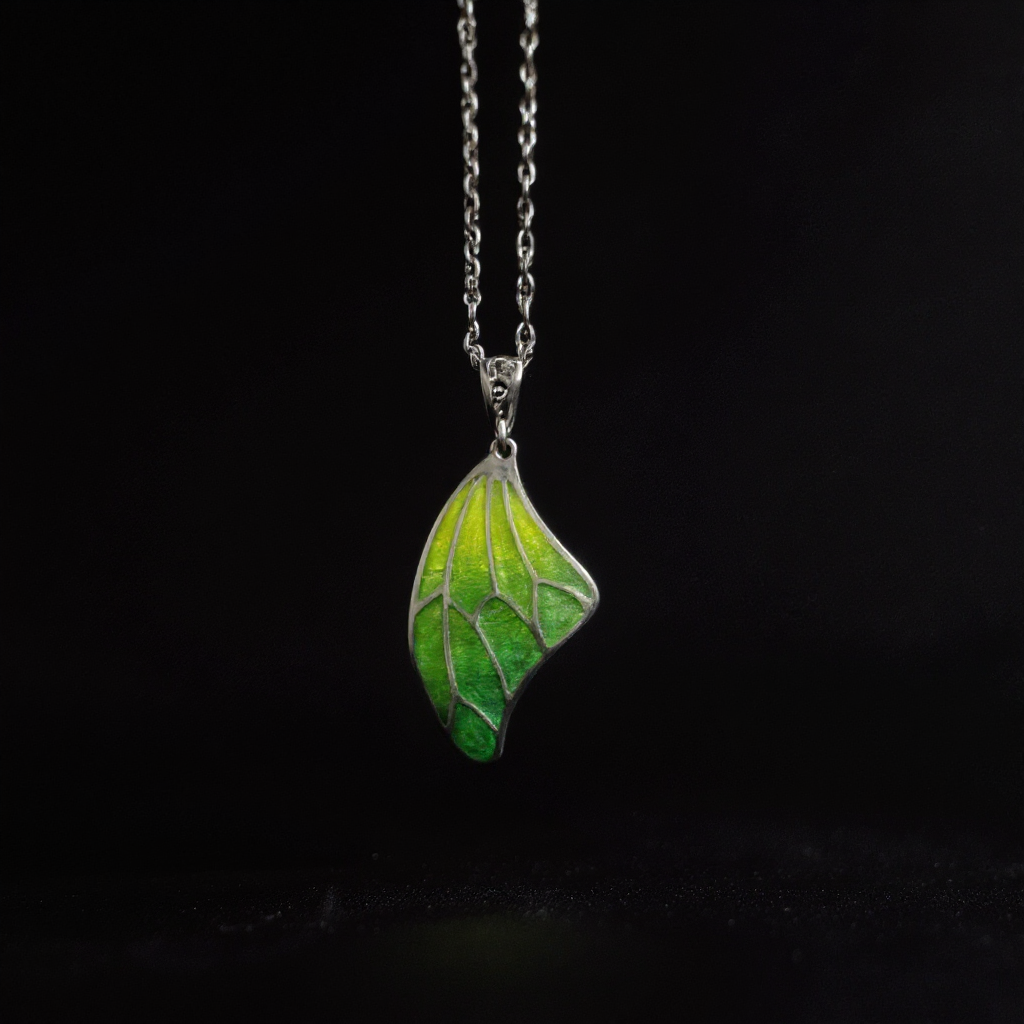 Handmade Gradient Green Butterfly Enamel Necklace