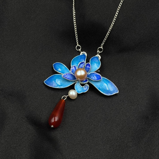 Handcrafted Silver Blue Enamel Lotus Necklace