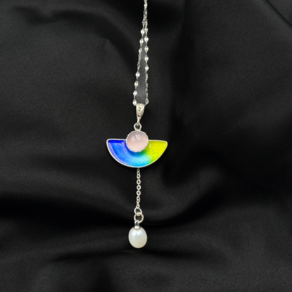 Handmade Silver Cloisonné Enamel Agate Pearl Necklace