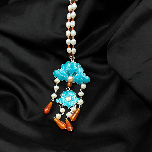 Handmade Silver Cloisonné Enamel & Pearl St atement Necklace